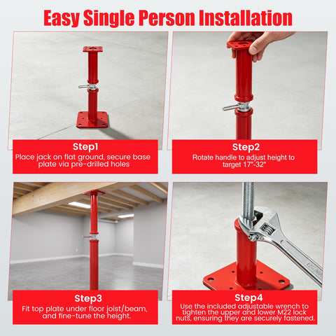 Installation steps for Badass Heavy Duty Adjustable House Floor Jacks With 10000 Lbs Unshakeable Hold Rock Solid Screw Support Posts.