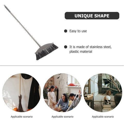 Dark Grey Angle Floor Broom With Long Stainless Steel Handle And Dense Stiff Bristles Snags Pet Hair Kitchen Messes And Daily Grime So Flipping Your Space Clean Is Total No Sweat Mode, showcasing unique shape and easy-to-use design.