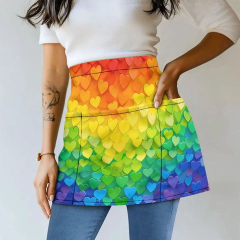 Rainbow Hearts 3 Pocket Waist Short Apron Waterproof Oil Resistant Half Apron for Restaurant Waitstaff Coffee Shops Barbers