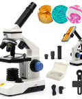 Compound Monocular Microscope Kit With All Metal Body, 80X-2000X STEM Lab Microscope displayed with accessories and cell samples