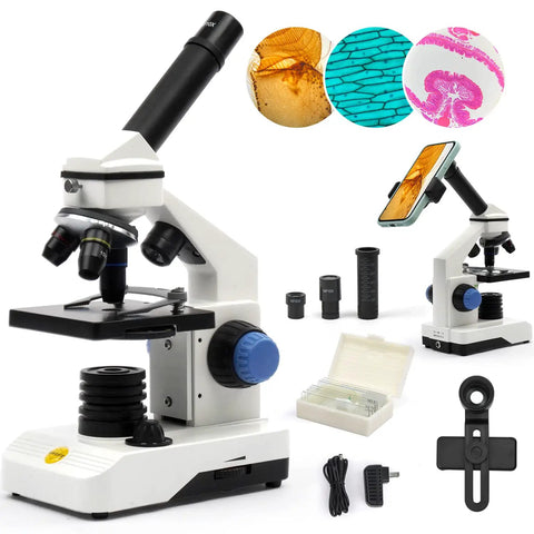 Compound Monocular Microscope Kit With All Metal Body, 80X-2000X STEM Lab Microscope displayed with accessories and cell samples