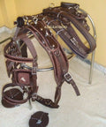 Nylon Horse Driving Harness With Patchwork Bridle, padded Western bridle, synthetic leather padding on a stand