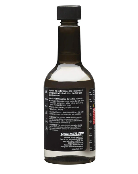 Back view of Quickleen Engine And Fuel System Cleaner For All Gas And Ethanol Blends, Clears Carbon Buildup, 12 Oz Bottle, instructions visible