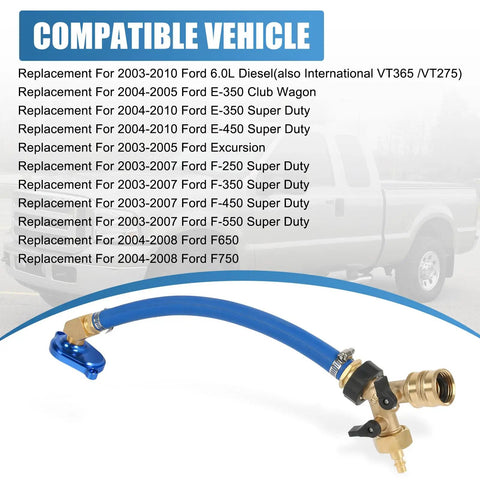 6.0L Oil Cooler Flush Kit With T Port And Aluminum Anodized Adapter For Ford 6.0 Diesel 2003 2010 And International VT365 VT275 Replacement Easy Install Durable Performance, shown with blue hose and brass fittings