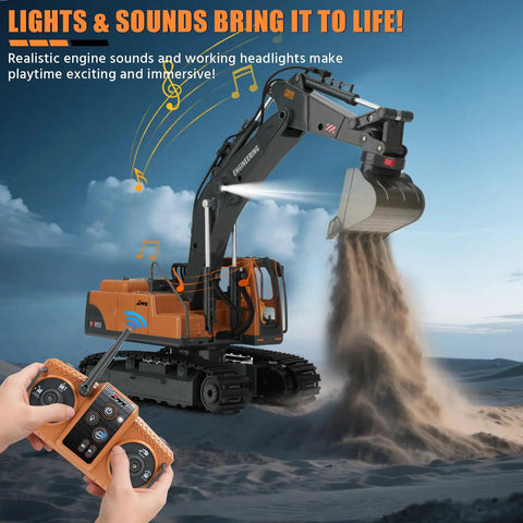 Rugged 3-In-1 RC Excavator Toy For Kids Ages 3-12, 2.4GHz 14-Channel Construction Truck with dumping sand and remote control.