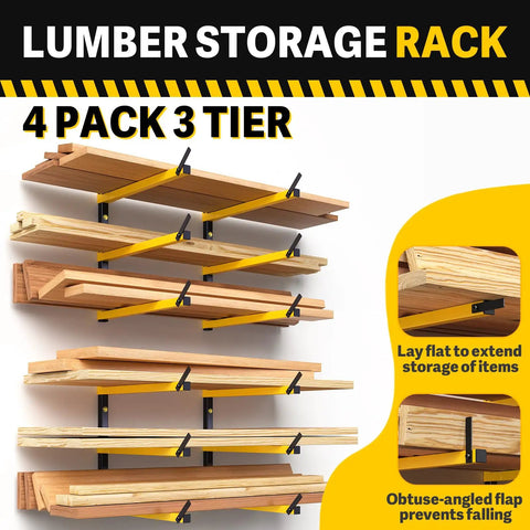 Heavy Duty Folding Lumber Storage Rack 3 Level Wall Mounted Metal Organizer For Garage Woodworking Shop Indoor Outdoor Use Yellow 4 Pairs Durable Space Saving Design Go To Essential showing 4 pack 3 tier.