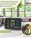 Indoor Outdoor Weather Station With Large Digital Display, Wireless Thermometer, Atomic Clock on table with outdoor sensor