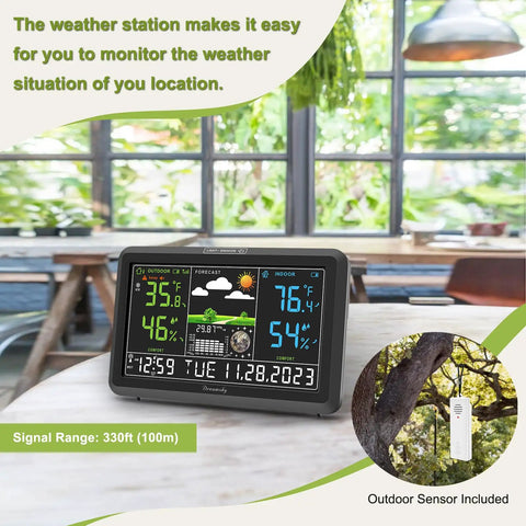 Indoor Outdoor Weather Station With Large Digital Display, Wireless Thermometer, Atomic Clock on table with outdoor sensor