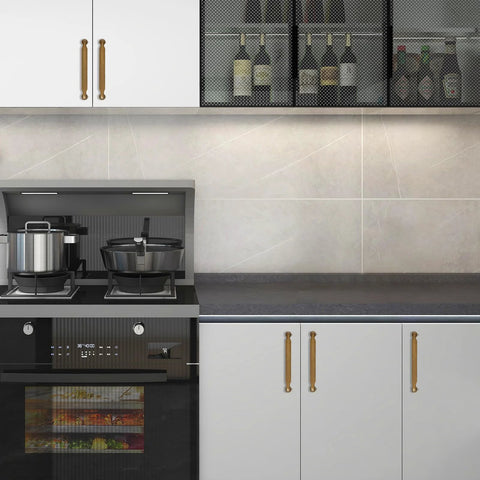Kitchen with 10 Pack 5 Inch Cabinet Pulls Antique Brass Zinc Alloy on cabinets, highlighting installation and modern decor style.