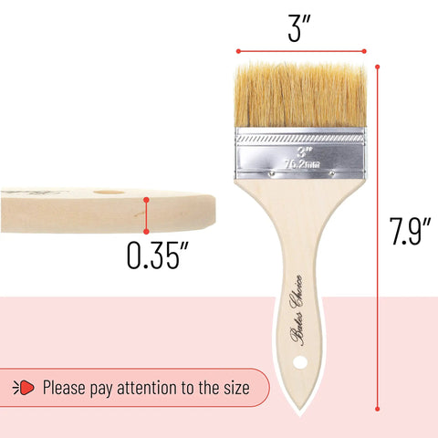 Six Pack Three Inch Chip Paint Brushes With Thick Natural Bristle For Holding More Paint Perfect For Latex Or Oil Based Paints And Stains Delivers Smooth Finish On Walls And Trim With Fewer Streaks shown with dimensions