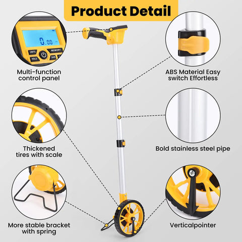 Heavy Duty Digital Measuring Wheel With Backlit Display And Folding Rollers For Surveying And Construction Straight Up Accurate To Point Zero Three Precision In Feet And Meters Built Tough For No Sweat Work
