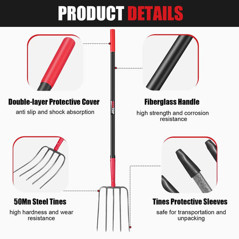 Product details of 5 Tine Pitch Fork Heavy Duty Manure Fork With Long Fiberglass Handle 58 Inch For Farm Garden Yardwork and Compost Turning
