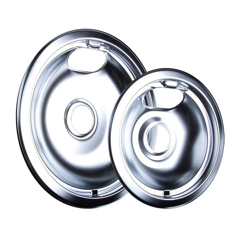 Replacement Chrome Drip Pans Set For Electric Ranges Includes 8 Inch And 3 Six Inch Pans In A 4 Pack Made In The USA Durable Chrome Plating Fits Whirlpool Maytag Kenmore Sears KitchenAid Crosley And Other Plug In Cooktops Keep Your Stove Looking Fresh showing silver 8-inch and 6-inch drip pans