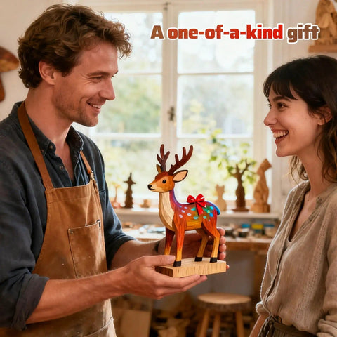 Man and woman smiling, holding a painted wooden reindeer sculpture in a workshop, labeled 'A one-of-a-kind gift'.