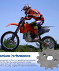 Motorcycle performing jump with Front Engine Sprocket 420 14T 17mm Bore inset; used for 50cc to 160cc bikes, shown in use.