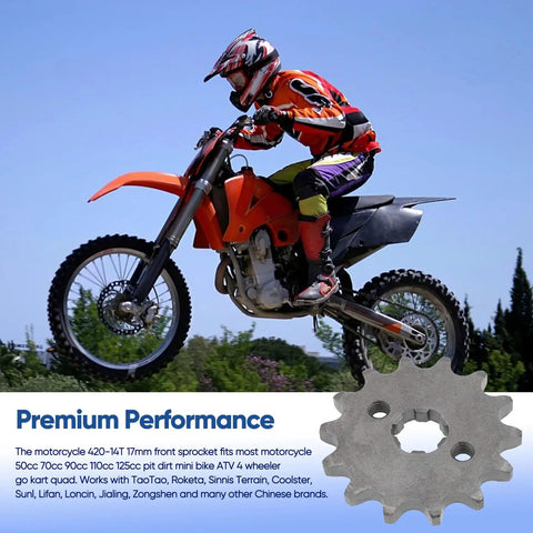 Motorcycle performing jump with Front Engine Sprocket 420 14T 17mm Bore inset; used for 50cc to 160cc bikes, shown in use.