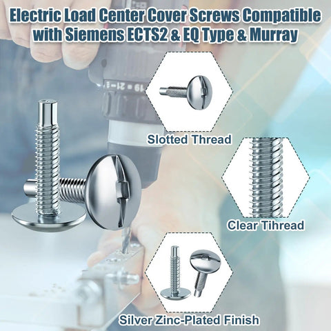 Professional Grade Load Center Cover Replacement Screws For Home Electrical Panel Boxes With Hella Tough Zinc Coated Steel and Dead Simple Snap Fit, slotted thread and silver finish.