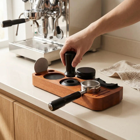 51mm Espresso Distributor And Tamper Set With Spring Loaded Action, wooden base with tamper, funnel, and puck screen.