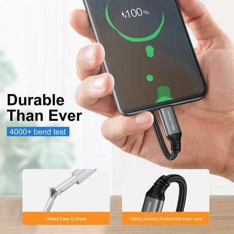Braided USB-C to USB-A charging cable, 6 ft, gray, SMALLElectric, plugged into phone