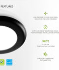 Side view of Six Pack 4 Inch LED Disk Lights, 10W, 5 CCT Tunable 2700K to 5000K, 685 Lumens, CRI 90 Plus with features listed.