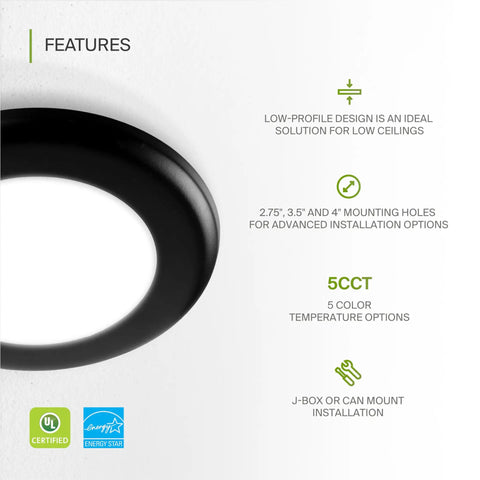 Side view of Six Pack 4 Inch LED Disk Lights, 10W, 5 CCT Tunable 2700K to 5000K, 685 Lumens, CRI 90 Plus with features listed.