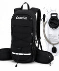 Black Hydration Backpack With 2L BPA Free Water Bladder Lightweight Daypack With Waist Pockets And Helmet Holder for outdoor use.