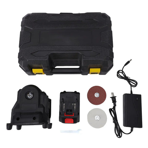 Jeffergarden Mini Bench Grinder 100W With Six Speeds Cordless Polisher components including tool, battery, charger and disks.