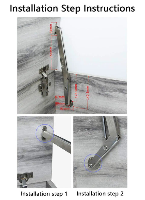 Installation steps showing Soft Close Lid Support System With 250N Gas Struts, Heavy Duty Hinges mounted on cabinet lid.