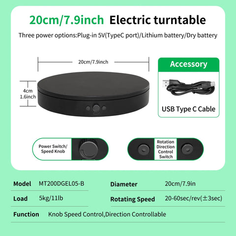 Foxvee 360 Degree Silent Rotating Display Stand Speed Adjustable Motorized Turntable Bidirectional Spinning Base For 3d Scan Product Photography With Triple Power Supply Black, 20cm