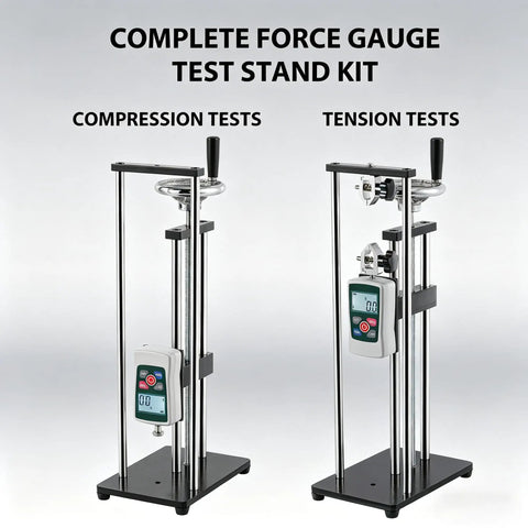 All In One 500N Digital Force Gauge And Manual Test Stand Kit With N Lb Kg Oz Units Nine Point Eight Inch Stroke Dual Clamp Test Stand For Tension And Compression Great For Lab School And Industrial Testing, compression and tension setup