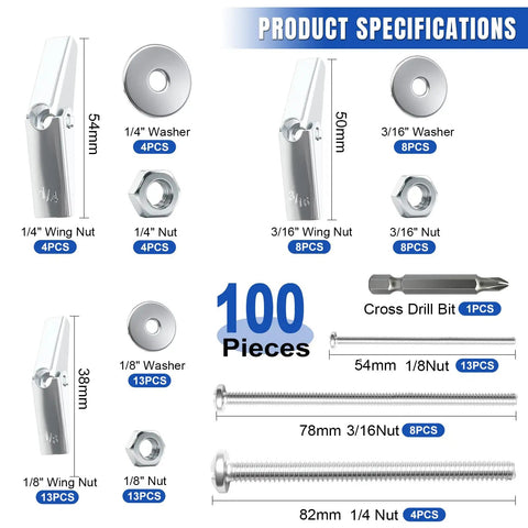 Heavy Duty Toggle Bolts Set For Drywall And Ceilings, 100 Pcs Hollow Wall Anchors With 1/8, 3/16, 1/4 Inch Sizes, Screws, Washers, And Wing Nuts For Hanging Decor And Medium To Heavy Fixtures, product specifications