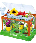 Awesome Kids Gardening Kit With Greenhouse And Terrarium, Plant Growing Set showing liftable roof and plants inside greenhouse