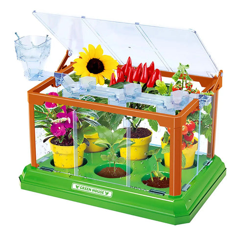 Awesome Kids Gardening Kit With Greenhouse And Terrarium, Plant Growing Set showing liftable roof and plants inside greenhouse