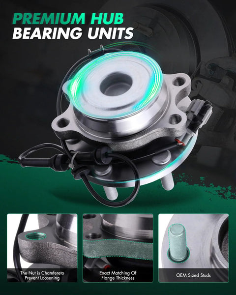 Front Wheel Bearing Hub Assembly 6 Lug Fits Nissan Pathfinder Frontier Xterra Equator With ABS 515064 2 Pack Durable Replacement Hubs For SUV And Pickup Trucks Easy Install Premium Quality, shown in detail with wiring and bolt holes.