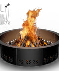 Smokeless Fire Pit Ring Insert for Outdoor Use Heavy Duty Metal Round Ring With 30 Inch Inner Diameter and 36 Inch Outer Diameter Durable Fire Ring for Wood Burning Black Finish showing flames and tools
