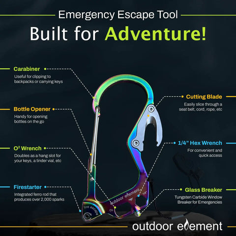 Image showing Emergency Car Tool 7 In 1 Fire Escape Tool With Window Breaker, Seatbelt Cutter, Carabiner, Fire Starter, and more