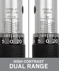 Close-up of 3/4 Inch Drive Micrometer Torque Wrench With Audible Click And High Contrast Dual Range Scale showing ft-lb and Nm readings.