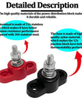 2 Pack Heavy Duty Car Battery Junction Post Blocks Featuring Rock Solid Stainless Steel Posts And Slick Insulated Nylon Bases For Straight Bolt Up 12 Volt Underhood Power Distribution Upgrades - Red and black blocks with stainless steel terminals.