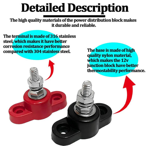 2 Pack Heavy Duty Car Battery Junction Post Blocks Featuring Rock Solid Stainless Steel Posts And Slick Insulated Nylon Bases For Straight Bolt Up 12 Volt Underhood Power Distribution Upgrades - Red and black blocks with stainless steel terminals.