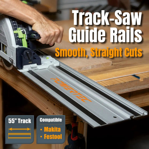 55 Inch Track Saw Guide Rail for Makita and Festool saws in use for smooth, straight cuts on wooden panel.