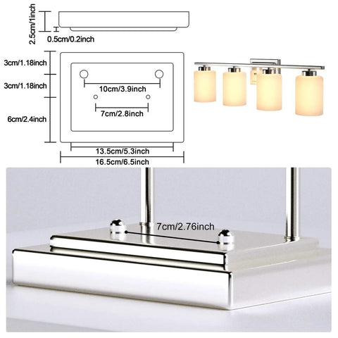 Diagram of 4 Light Brushed Nickel Bathroom Vanity Light Fixture with Frosted Glass Shades, dimensions and mounting details shown