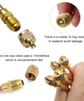 Detailed view of Four Pack Service Access Valve For HVAC And Car AC, One Quarter Inch SAE To One Quarter Inch OD, brass and copper.