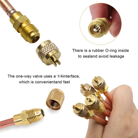 Detailed view of Four Pack Service Access Valve For HVAC And Car AC, One Quarter Inch SAE To One Quarter Inch OD, brass and copper.