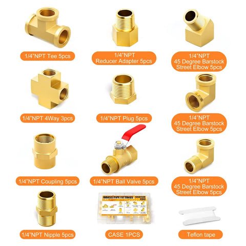 Brass Pipe Fittings Kit 48 Piece One Quarter Inch NPT With Couplings 90 Degree Elbows 45 Degree Elbows Nipples Ball Valve Tee Reducer Adapter Plug And Four Way Fittings For DIY Plumbing Projects