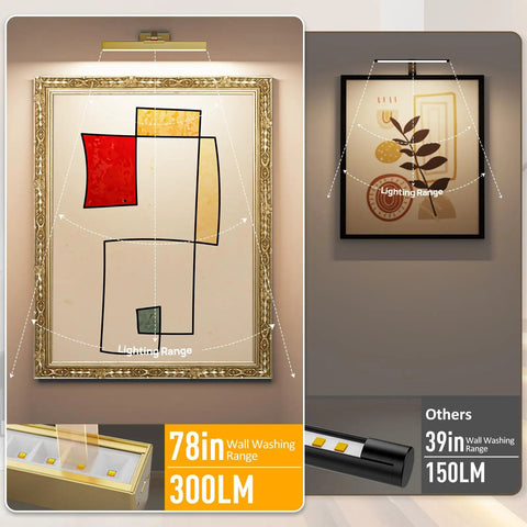 Brushed Gold Battery Operated Picture Light 16 Inch With Dimmable CCT illuminating art displays with wide lighting range comparison
