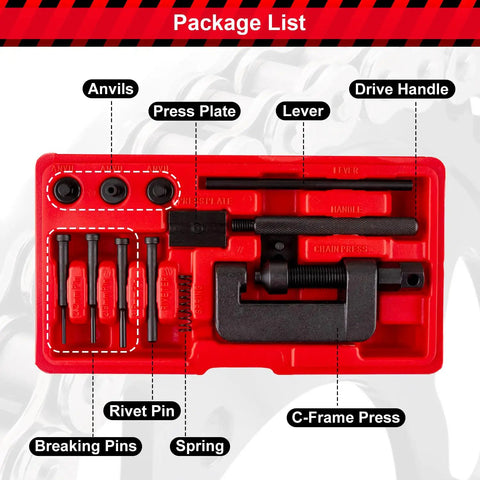 Beast Pro Grade 13 Piece Motorcycle Chain Breaker Tool Kit with Rivet Tool Set in red case showing organized tools.