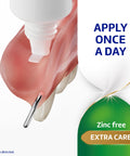 Extra Care Denture Adhesive Cream With Strong All Day Hold being applied to dentures, zinc free, flavor free, 2.2 oz pack of 4