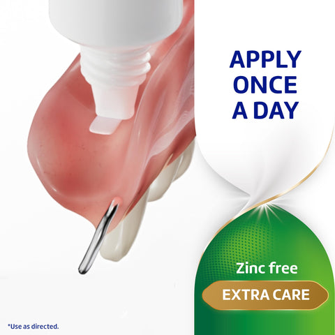 Extra Care Denture Adhesive Cream With Strong All Day Hold being applied to dentures, zinc free, flavor free, 2.2 oz pack of 4
