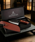 Serbian Chef Cleaver Knife With Leather Sheath 5.8 Inch Hammered 3CR13 Blade in black box on table