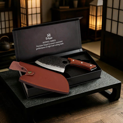 Serbian Chef Cleaver Knife With Leather Sheath 5.8 Inch Hammered 3CR13 Blade in black box on table